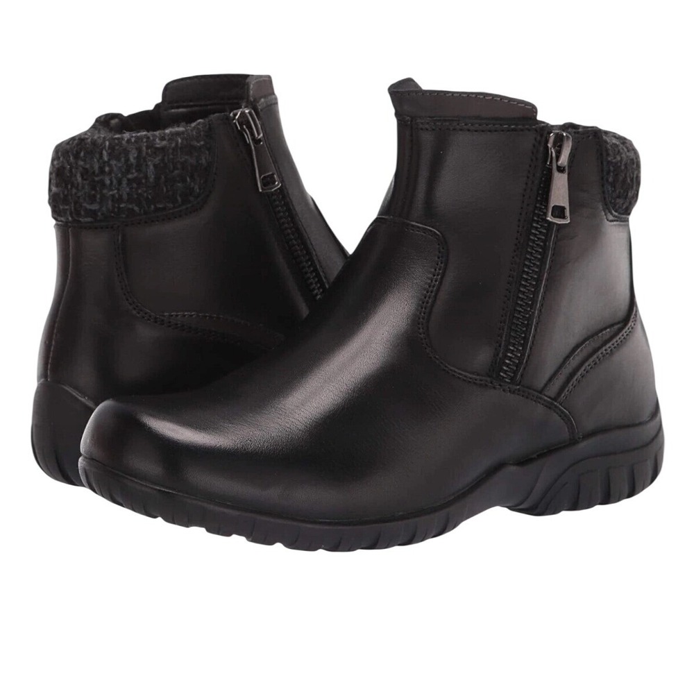 Propet WFV055L Black Leather Ankle Boots Knit Collar Dual Zip Womens 7.5 M